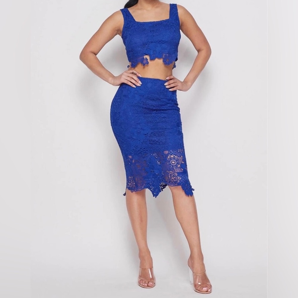 Elegant Two piece Royal Blue Lace Midi Skirt Set